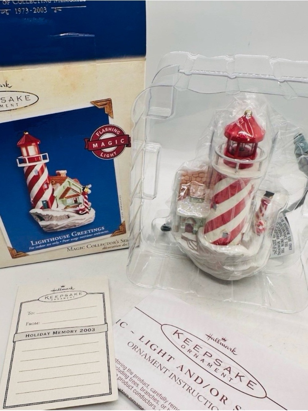 2003 Hallmark Lighthouse Greetings Ornament - Red & White Lighthouse